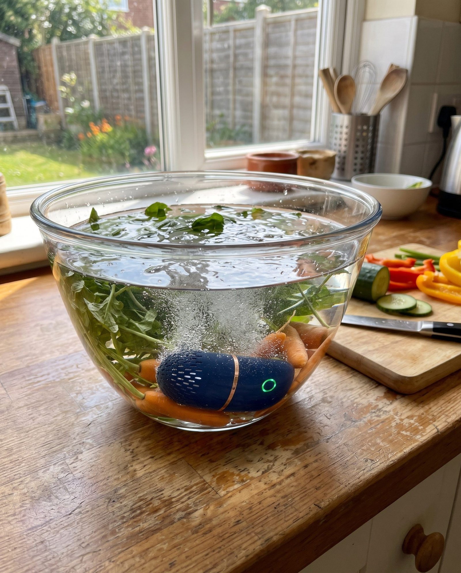 PodBloom Produce Cleaner in einer Schüssel mit Wasser, Beeren und Gemüse